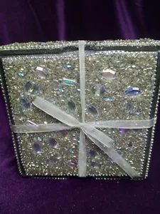 Coasters Beaded Square 4'' With Silver Holder Iridescent Beads - Picture 1 of 5