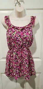 Weavers Floral Blouse Sleeveless Frilly Straps & Neckline, Elastic Waist Sz M - Picture 1 of 7