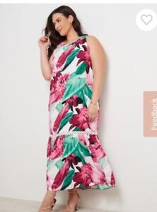 Size 20 Sleeveless Lace Trim Flounce Maxi Dress By AUTOGRAPH Pink & Green Floral