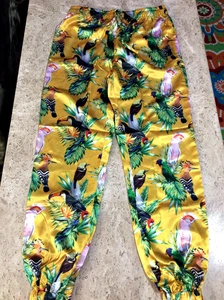 Men's Sz M 32" Waist Mad Engine Gold Tropical Birds AOP Satin Pants - Picture 1 of 7