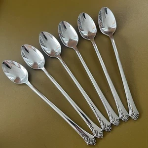 6 Ice Tea Spoons DAMASK ROSE Oneida Cube Stainless Flatware Heirloom - Picture 1 of 4