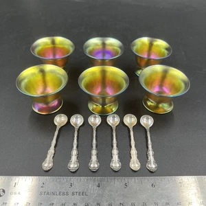 Bodegas de sal Steuben Glass Gold Aurene con cucharas de sal Gorham esterlina 3067 - Imagen 1 de 11