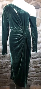 Reiss Velvet Dress 12 Green Rouched Asymmetric Long Sleaves Midi Split Stretchy  - Picture 1 of 7