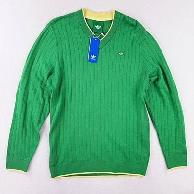 阿迪达斯 Originals 羊绒毛衣 L 码男式绿色 V 领 JP1194,全新 — 第 1/4 张图片