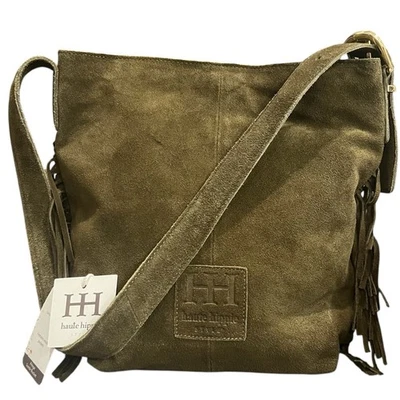 Bolso Cubo Haute Hippie Flecos Cuero Genuino Gamuza Verde Oliva Hobo Nuevo con Etiquetas Foto 1 de 4