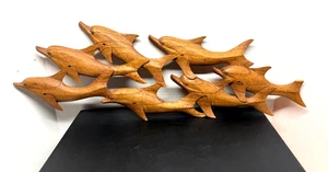 Vintage Hand Carved Wood Pod Of Dolphins Wall Art Decor 28” Signed - Picture 1 of 13
