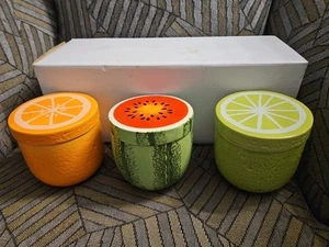 3 piece ceramic canister set of fruit: watermelon, lime, orange, 5” x 5”, NEW - Bild 1 von 5