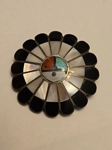 Sterling Silver Southwest Inlay MOP Onyx Coral Zuni Sun Face Brooch - Picture 1 of 5
