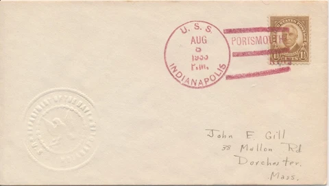 Naval cover USS Indianapolis Portsmouth New Hampshire 8/8/1933 embossed seal Cover