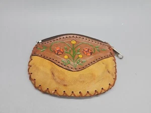Hand Made Leather Coin Purse Hand Painted Flowers - Picture 1 of 4