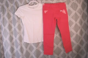 Girls Outfit WHITE S/S TEE SHIRT Pink Coral Jeggings Pants, Emb. Flowers XS 4-5 - Picture 1 of 5