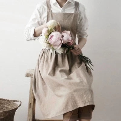 Women Bib Apron Cotton Linen Pinafore Dress Cafe Kitchen Cooking Florist Retro - Image 1 of 4