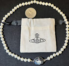 Vivienne Westwood silver tone pearl Chocker necklace With Black Saturn #301