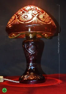 Vintage 1950s Bohemian ruby red cut glass lamp mushroom shade on 3 arm saddle - Picture 1 of 17