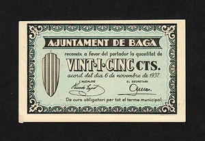 F.C. BAGÀ (BARCELONA) 25 CENTIMOS NOVIEMBRE 1937 , S/C . - Picture 1 of 2