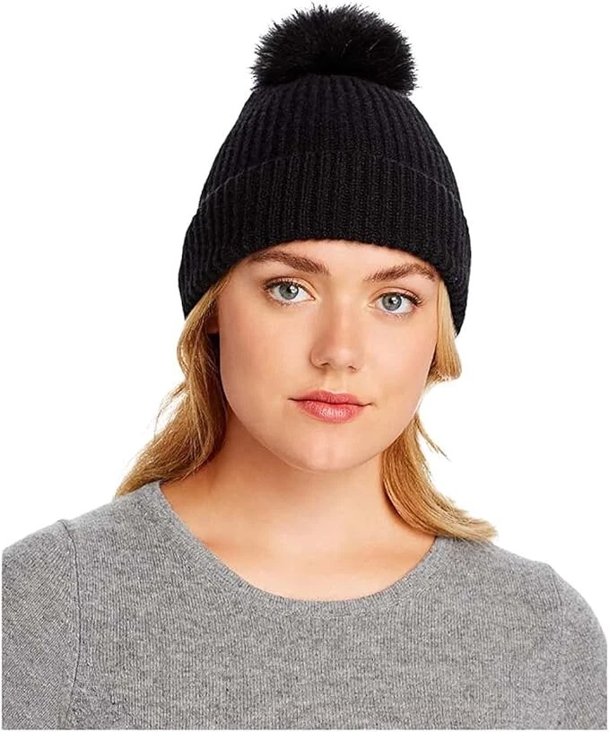 Gorro Rafaello Bettini piel de zorro pompón acanalado 100 % cachemir negro Italia $139 Foto 1 de 1