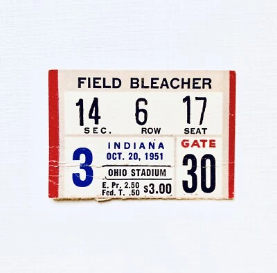1951 Ohio State v Indiana Ticket Stub Woody Hayes 1st Season @ OSU Vic Janowicz - Image 1 of 2