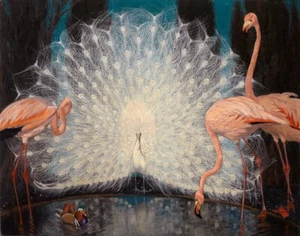 Jessie Arms Botke White Peacock And Pink Flamingos Canvas Print 16 x 20 - Imagen 1 de 4