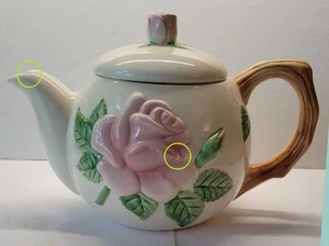 Teleflora's 3D Soft Pink Rose Pattern Ceramic Teapot With Branch Handle - Picture 1 of 7