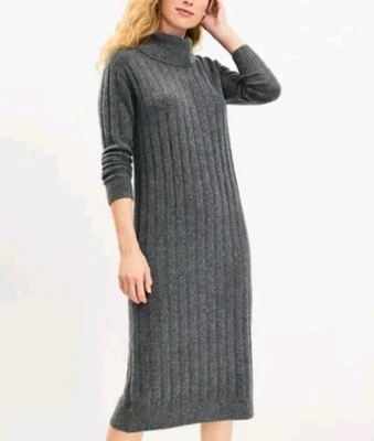 LOFT Ribbed Midi Turtleneck Sweater Dress Women's Size Medium Gray Wool Blend - Image 1 of 4