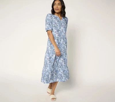 Denim & Co. Sz XS Petite Linen Blend Puff Sleeve Midi Dress BLUE FLORAL A685020 - Image 1 of 4