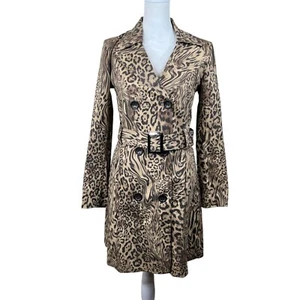 Leopard Print Double-Breasted Womens Trench Coat Buckle Belt S Y2K - Picture 1 of 12