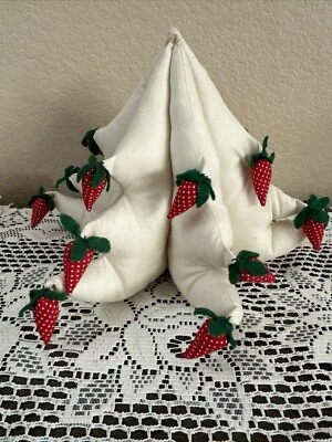 Vintage Stuffed Cotton Table Top Fabric Christmas Tree Strawberry Red Green 8” - Image 1 of 4