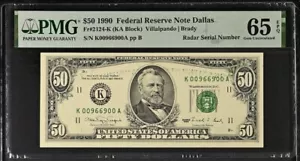 $50 1990 FR 2124-K Federal Reserve Note - RADAR SERIAL NUMBER - PMG GEM 65 EPQ - Picture 1 of 4