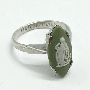 Wedgwood Almond Shape Green Jasperware & Sterling Silver Ring Size "O" - Tested - Picture 1 of 15