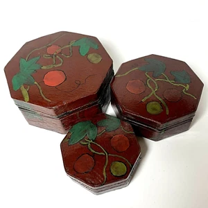 Vintage Chinese Nesting Boxes Hand Painted Wood Octagonal Set of 3 - Picture 1 of 8