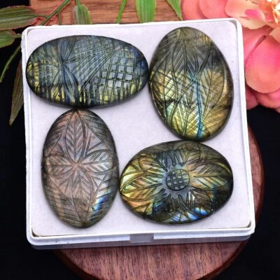 4 Pcs Natural Labradorite 44mm-49mm Hand Carving Flashy Untreated Gemstones Lot - Image 1 of 4