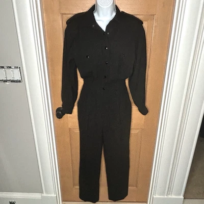 Escada Vintage Jumpsuit Size XS 36 Black Wool Blend Epaulets Snaps Pockets - Image 1 of 4