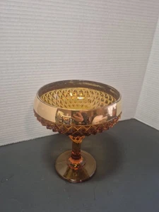 Plato de caramelo pedestal con borde dorado punta de diamante de vidrio Indiana de colección / 7,5 pulgadas de alto. - Imagen 1 de 8