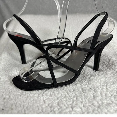 Stuart Weitzman NWB Quadro Black Peau Suede Strappy Heels Sz 6.5W Square Toe - Image 1 of 4