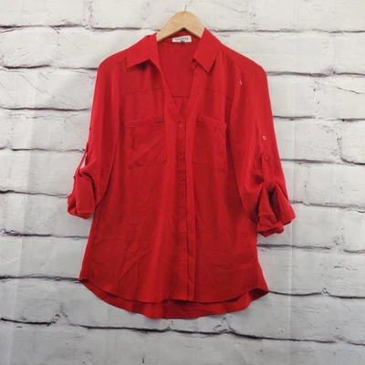 Express Shirt Womens Small Red Portofino Button Front Roll Tab Sleeves Blouse - Image 1 of 4