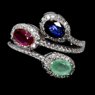 925 Sterling Silver Ring Oval Ruby 6x4mm Emerald Sapphire Gemstone Jewelry Sz 7 - Image 1 of 4