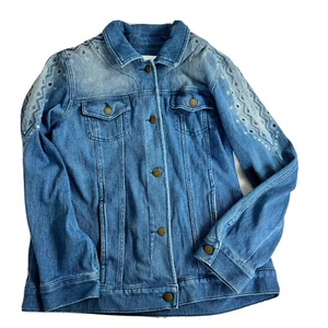 Coldwater Creek Women's Denim Jean Jacket  Blue Med Wash Embroidered Coat Sz M - Picture 1 of 7