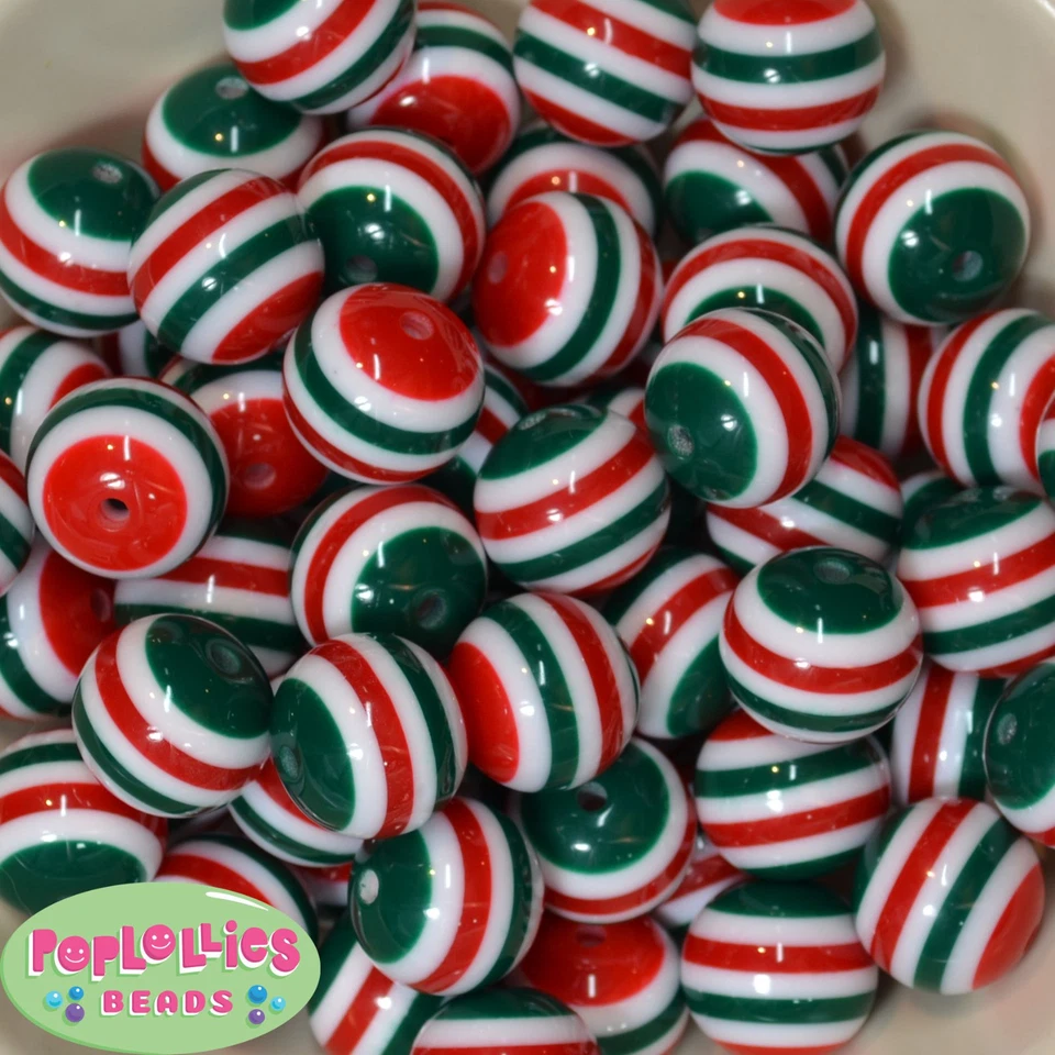 20mm Red White Green Stripe Chunky Bubblegum Beads 20pc Christmas - Image 1 of 1