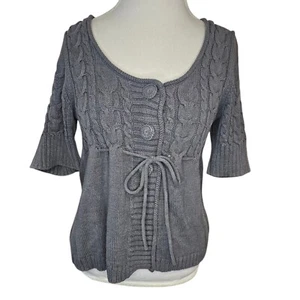 Y2K Womens Medium Babydoll Cableknit Cardigan Sweater Gray Tied 3/4 Sleeve - Picture 1 of 8