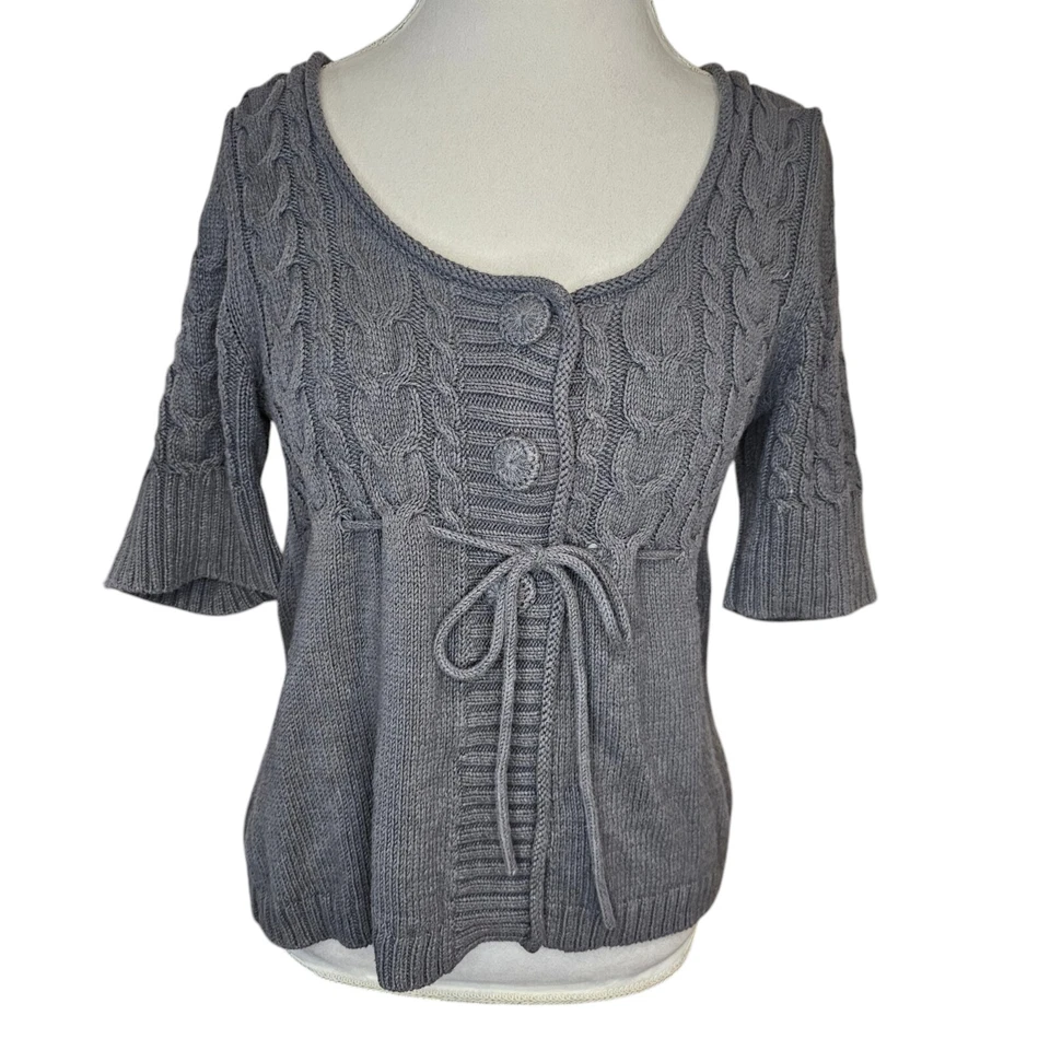 Y2K Womens Medium Babydoll Cableknit Cardigan Sweater Gray Tied 3/4 Sleeve - Image 1 of 4