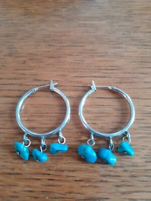 Sterling Silver Hoop Earrings with Turquoise Stones - Image 1 of 2