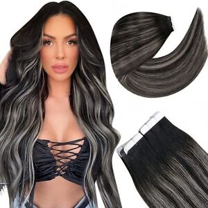 Tape in Real Human Hair Extensions Ombre Natural Black to Silver Women Straight