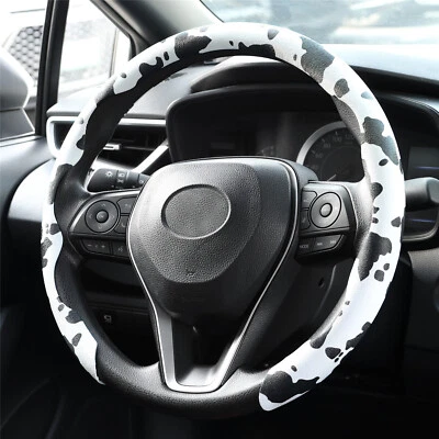 Car Steering Wheel Cover Black White Cow Print Interior Accessories Anti Slip 15 - Image 1 of 4