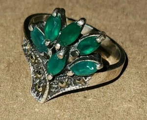 Vintage Green Onyx Marcasite Art Deco 925 Silver Ring Size 6 - Picture 1 of 13