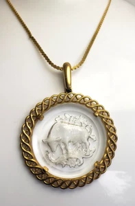 Vintage Glass Taurus the Bull Crown Trifari Pendant Necklace - Picture 1 of 5