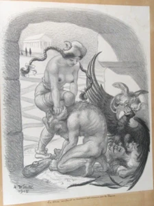 Litografia satira politica francese 1915 vintage firmata Adolphe Willette - Foto 1 di 20