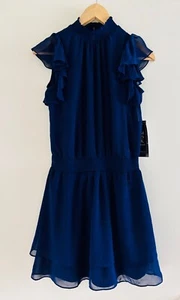 MSK high neck ruffle short sleeves chiffon knee length dress, navy, PS - Picture 1 of 2