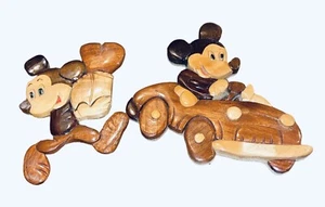 Mickey Mouse Intarsia Wood Lot Of 2 Wall Hangings Decor Vintage Disney - Picture 1 of 10