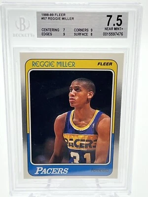 Tarjeta de novato de baloncesto Reggie Miller 1988-89 Fleer #57 Beckett Bgs 7,5 RC HOF Foto 1 de 2