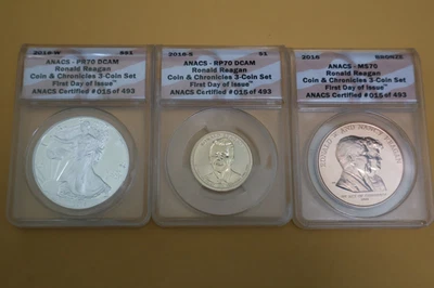2016 RONALD REAGAN COIN & CHRONICLES 3-COIN SET ANACS RP70/PR70/MS70 FDI - Image 1 of 4